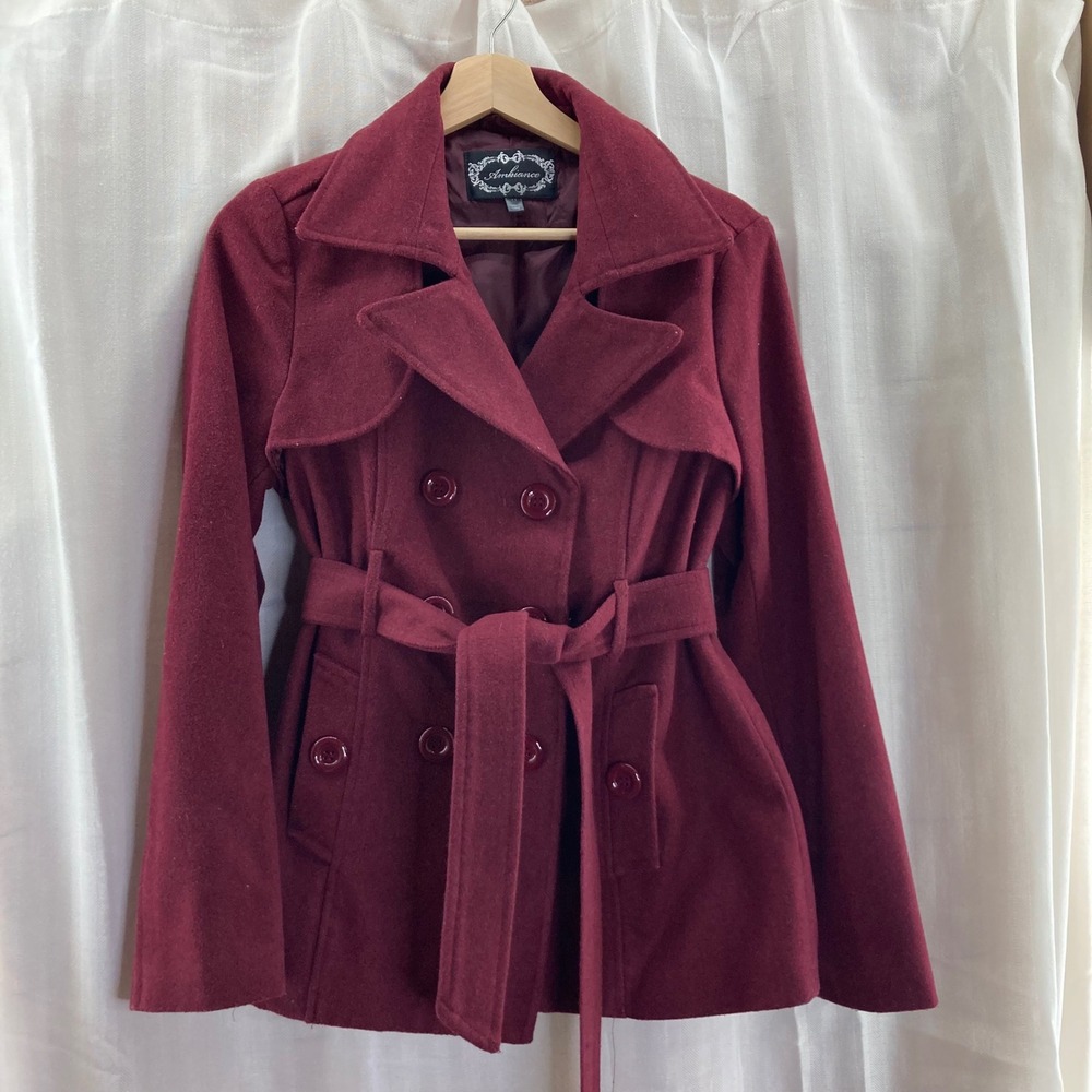 Burgundy Wool Blend Double-Breasted Belted Coat – Vintage Inspired Romantic Chic